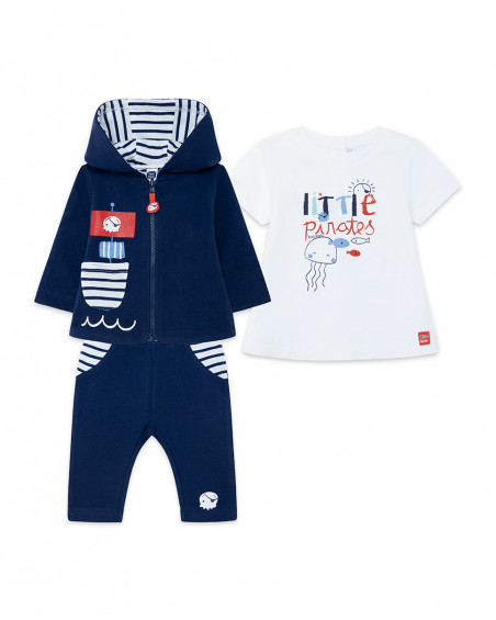 Conjunto de 3 peças de felpa e jersey às riscas azul e branco Conjunto de 3 peças de felpa e jersey às riscas azul e branco