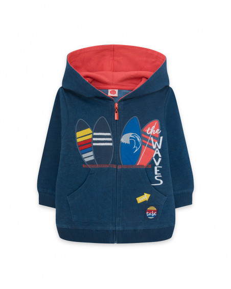 Camisola de felpa com capuz e fecho de correr azul pranchas de Camisola de felpa com capuz e fecho de correr azul pranchas de