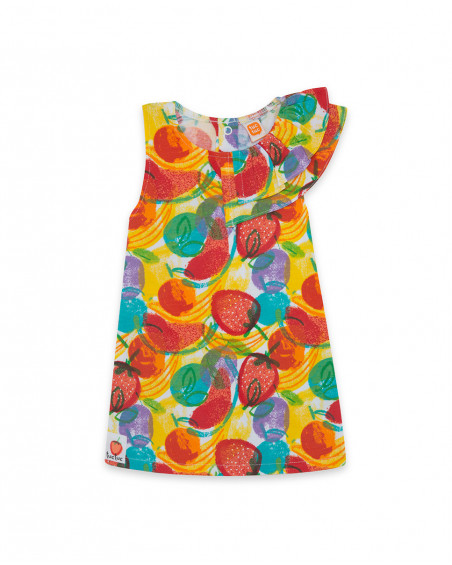 Vestido sem mangas estampado frutas multicolor folhos menina