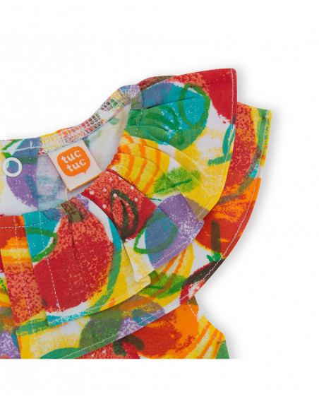 Vestido sem mangas estampado frutas multicolor folhos menina Vestido sem mangas estampado frutas multicolor folhos menina